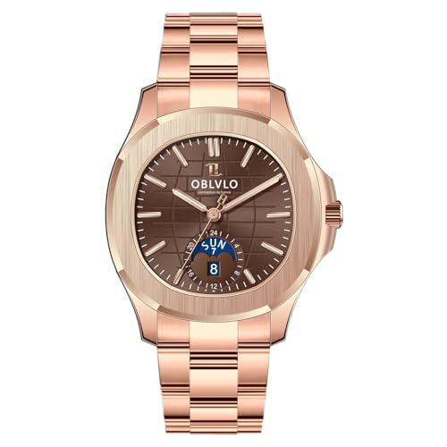 OBLVLO Mode Herren Quadratische Kugel Zifferblatt Mondphase Automatik Zorn Luxus 316L Edelstahl Leuchtband Rosegold mechanische Uhren FM-SL-DD, Fm-sl-dd-pops, Fashion von OBLVLO
