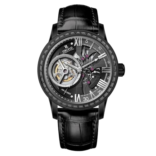 OBLVLO Retro Herren-Armbanduhr mit Diamantenlünette und ausgehöhltem Kalbslederband, synthetischer Saphir, wasserdicht, mechanisches Leder, VMQ-DD, Vm-q-d-bbbl, Mechanische Uhr von OBLVLO