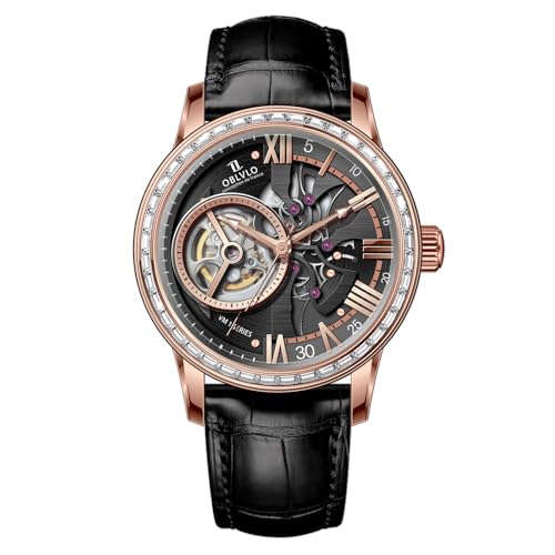 OBLVLO Retro Herren-Armbanduhr mit Diamantenlünette und ausgehöhltem Kalbslederband, synthetischer Saphir, wasserdicht, mechanisches Leder, VMQ-DD, Vm-q-d-pbbl, Mechanische Uhr von OBLVLO