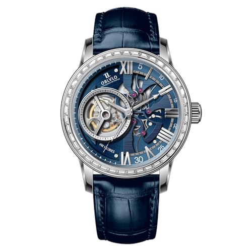 OBLVLO Retro Herren-Armbanduhr mit Diamantenlünette und ausgehöhltem Kalbslederband, synthetischer Saphir, wasserdicht, mechanisches Leder, VMQ-DD, Vm-q-d-ylll, Mechanische Uhr von OBLVLO