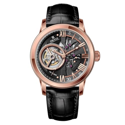 OBLVLO Retro Herren Skelett Automatikuhr Mechanisches Kalbsleder Armband Synthentic Saphir Wasserdicht Uhr Leder Armbanduhr VMQ-ND, VM-Q-PBBL, Mechanische Uhr von OBLVLO