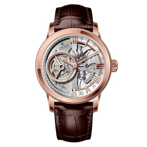 OBLVLO Retro Herren Skelett Automatikuhr Mechanisches Kalbsleder Armband Synthentic Saphir Wasserdicht Uhr Leder Armbanduhr VMQ-ND, VM-Q-PWWL, Mechanische Uhr von OBLVLO
