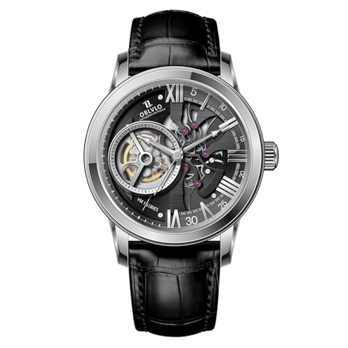 OBLVLO Retro Herren Skelett Automatikuhr Mechanisches Kalbsleder Armband Synthentic Saphir Wasserdicht Uhr Leder Armbanduhr VMQ-ND, VM-Q-YBBL, Mechanische Uhr von OBLVLO