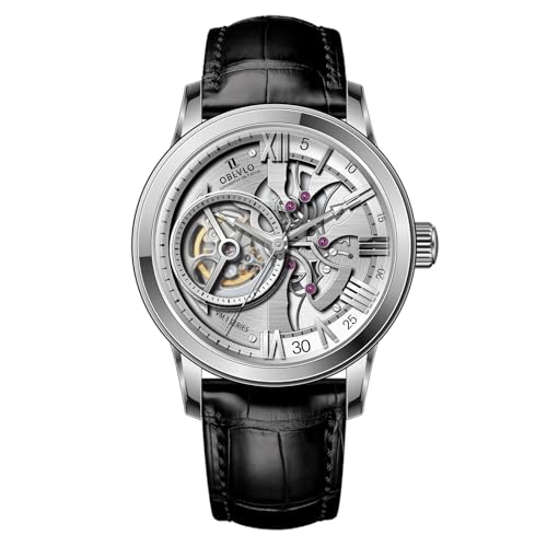 OBLVLO Retro Herren Skelett Automatikuhr Mechanisches Kalbsleder Armband Synthentic Saphir Wasserdicht Uhr Leder Armbanduhr VMQ-ND, VM-Q-YWBL, Mechanische Uhr von OBLVLO