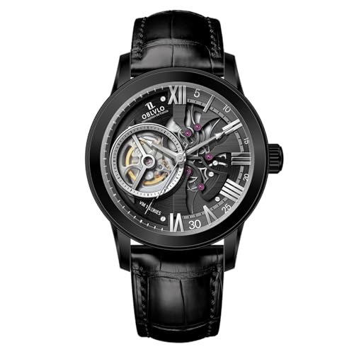 OBLVLO Retro Herren Skelett Automatikuhr Mechanisches Kalbsleder Armband Synthentic Saphir Wasserdicht Uhr Leder Armbanduhr VMQ-ND, Vm-q-bbbl, Mechanische Uhr von OBLVLO