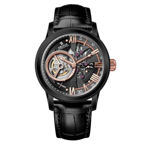 OBLVLO Retro Herren Skelett Automatikuhr Mechanisches Kalbsleder Armband Synthentic Saphir Wasserdicht Uhr Leder Armbanduhr VMQ-ND, Vm-q-tbbl, Mechanische Uhr von OBLVLO
