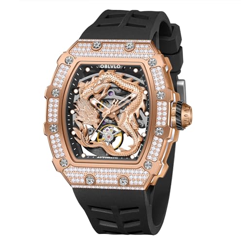 OBLVLO Top Brand Herren Tonneau Diamonds Dragon Mechanische Uhr Wasserdicht Selbstaufzug Automatik Silikonband Uhren für Herren XM-Dragon-D, XM-DRAGON-D-PPRB, Large, Modern von OBLVLO