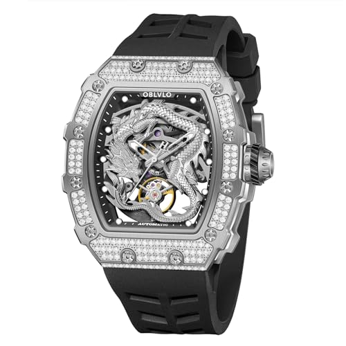 OBLVLO Top Brand Herren Tonneau Diamonds Dragon Mechanische Uhr Wasserdicht Selbstaufzug Automatik Silikonband Uhren für Herren XM-Dragon-D, XM-DRAGON-D-YYRB, Large, Modern von OBLVLO