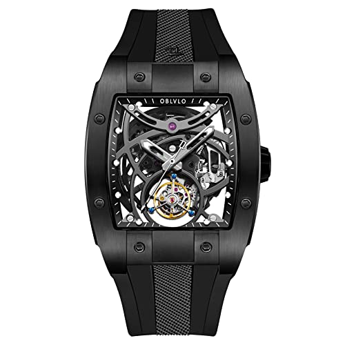 OBLVLO Top Brand Sport Uhr für Männer Quadrat Skelett Tourbillon Automatische Uhr Stahl Gummiband Herrenuhren EM-RT (EM-RT-BBB) von OBLVLO