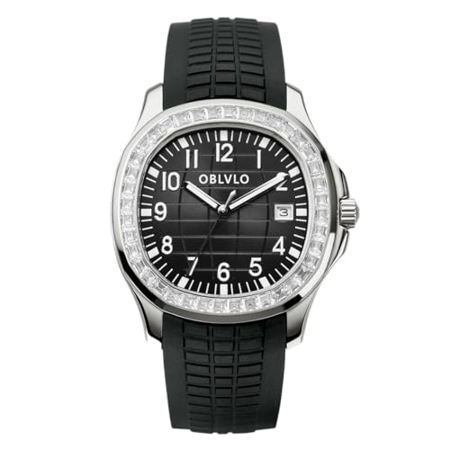 OBLVLO Top Luxury Brand Crystal Bezel Square Dial with Date Automatic Watch for Men Super Luminous Rubber Band Mechanical Wrist Watches FM-SL, FM-SL-PBBR-D, Mechanisch, selbstaufziehend, Automatikuhr von OBLVLO