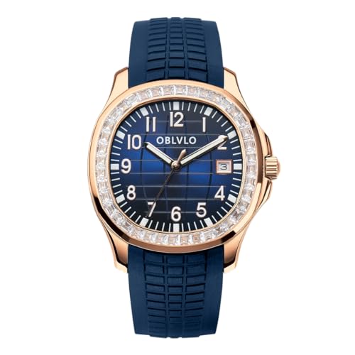 OBLVLO Top Luxury Brand Crystal Bezel Square Dial with Date Automatic Watch for Men Super Luminous Rubber Band Mechanical Wrist Watches FM-SL, FM-SL-PLLR-D, Mechanisch, selbstaufziehend, Automatikuhr von OBLVLO