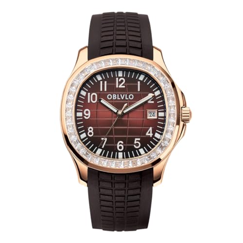 OBLVLO Top Luxury Brand Crystal Bezel Square Dial with Date Automatic Watch for Men Super Luminous Rubber Band Mechanical Wrist Watches FM-SL, FM-SL-PNNR-D, Mechanisch, selbstaufziehend, Automatikuhr von OBLVLO