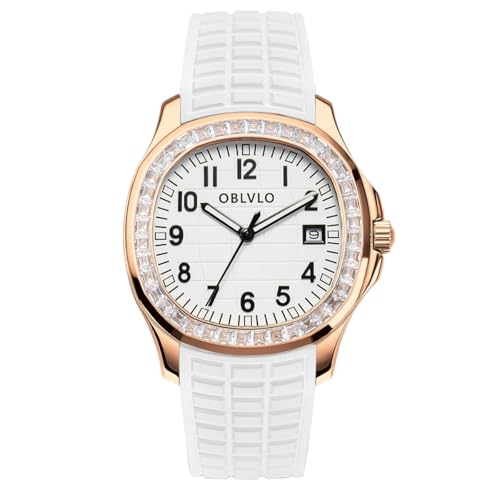 OBLVLO Top Luxury Brand Crystal Bezel Square Dial with Date Automatic Watch for Men Super Luminous Rubber Band Mechanical Wrist Watches FM-SL, FM-SL-PWWR-D, Mechanisch, selbstaufziehend, Automatikuhr von OBLVLO