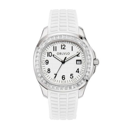 OBLVLO Top Luxury Brand Crystal Bezel Square Dial with Date Automatic Watch for Men Super Luminous Rubber Band Mechanical Wrist Watches FM-SL, FM-SL-YWWR-D, Mechanisch, selbstaufziehend, Automatikuhr von OBLVLO