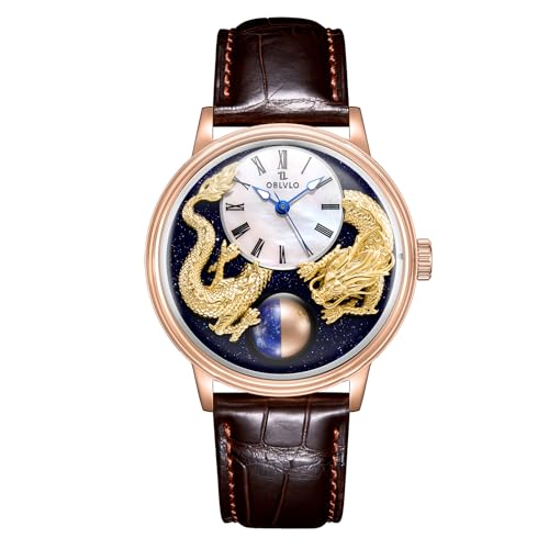 OBLVLO Top Luxus 3D Doppel Chinesische Loong Kalbsleder Automatikuhr für Herren Wasserdicht Mechanische Klassische Uhren SCM-Drag, SCM-DRAON-PGWL, Tendência von OBLVLO