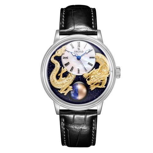 OBLVLO Top Luxus 3D Doppel Chinesische Loong Kalbsleder Automatikuhr für Herren Wasserdicht Mechanische Klassische Uhren SCM-Drag, SCM-DRAON-YGBL, Tendência von OBLVLO