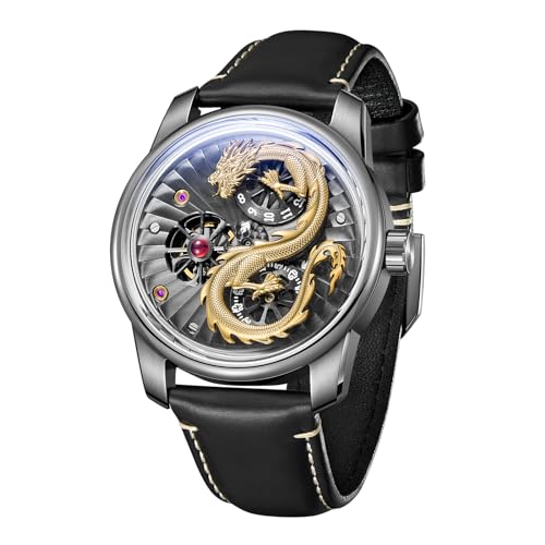 OBLVLO Top-Marke Herren-Armbanduhr mit Drachen-Zifferblatt, Leder, Automatikuhr, leuchtend, wasserdicht, transparent, mechanische Uhr JM-Dragon, Jm-dragon-ygbl, Militär von OBLVLO