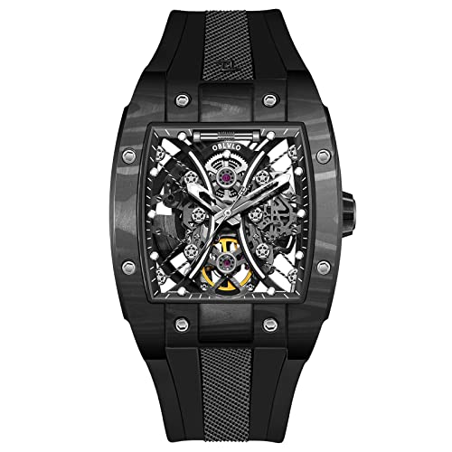 OBLVLO Top-Marke Sportuhr für Herren Square Tonneau Skeleton Watch Steel Automatic Mechanical Watch Rubber Strap Watches EM-S (EM-S-BBBB1) von OBLVLO