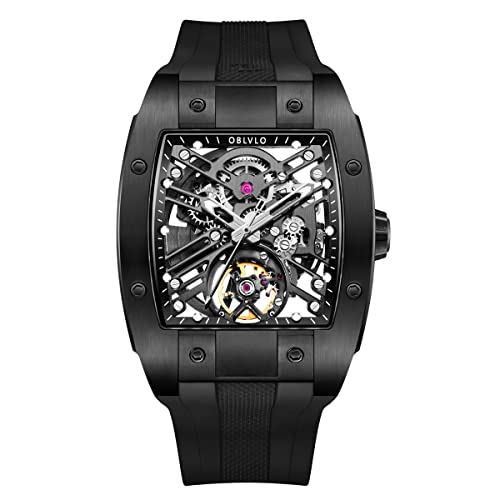 OBLVLO Top-Marke Sportuhr für Herren Tonneau Skeleton Watch Steel Automatic Mechanical Watch Rubber Strap Watches EM-ST (EM-ST-BBB1) von OBLVLO