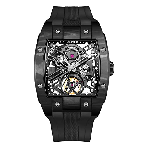 OBLVLO Top-Marke Sportuhr für Herren Tonneau Skeleton Watch Steel Automatic Mechanical Watch Rubber Strap Watches EM-ST (EM-ST-BBBB1) von OBLVLO