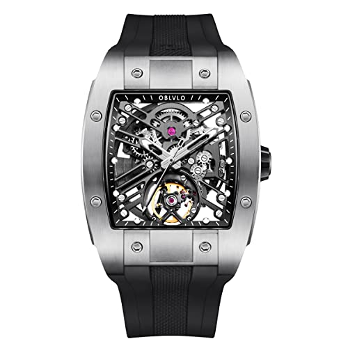 OBLVLO Top-Marke Sportuhr für Herren Tonneau Skeleton Watch Steel Automatic Mechanical Watch Rubber Strap Watches EM-ST (EM-ST-YBB1) von OBLVLO