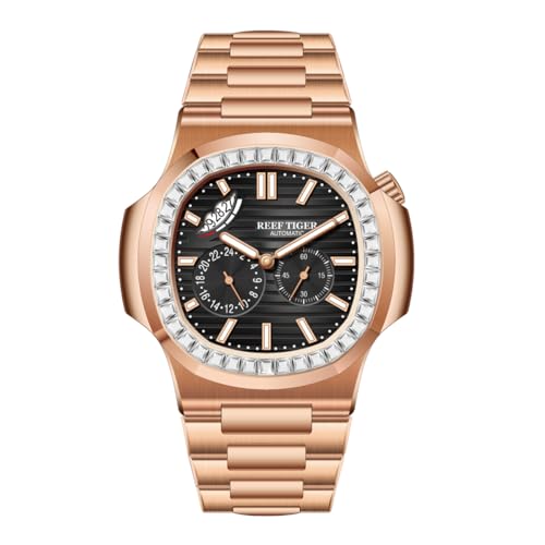 Reef Tiger Luxus Herren Quadratische Kristall Lünette 24 Stunden Multifunktions Automatik Mechanische Uhr Business Armband Armbanduhren RGA2019, RGA2019-PBPD, Mechanisch, selbstaufziehend von OBLVLO
