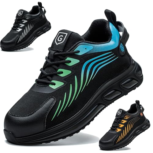 OBQcare Sicherheitsschuhe Herren Damen 44 Arbeitsschuhe Damen Leicht Dämpfung Arbeitsturnschuhe Anti-Smashing Kochschuhe rutschfest Blau Grün von OBQcare