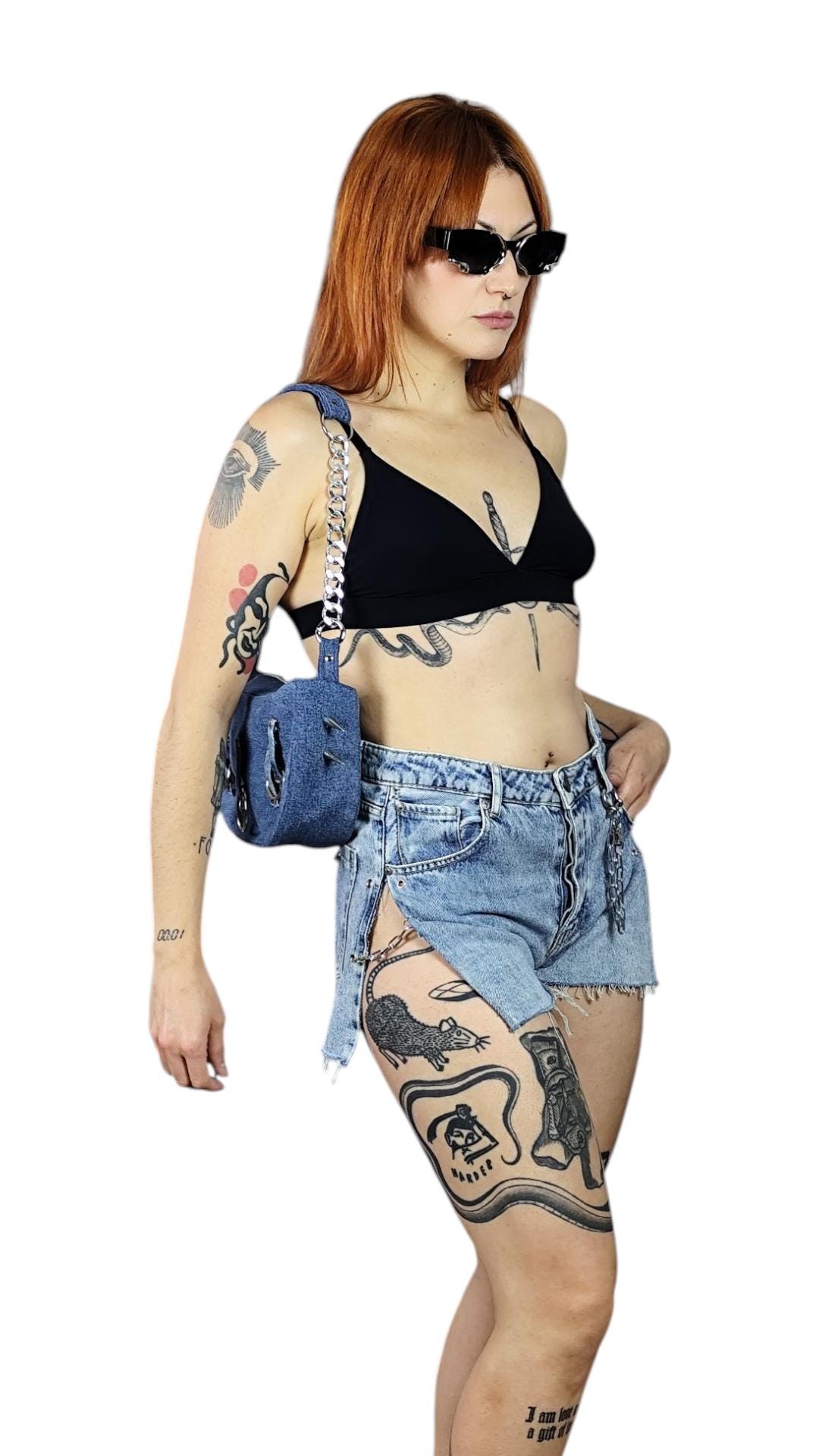 Jeansshorts, Jeans, Cut-Outs, Ketten, High Waist, Y2K, Techno, Rave, Festival, Punk, Denim, Baggy von OBSCURAwear