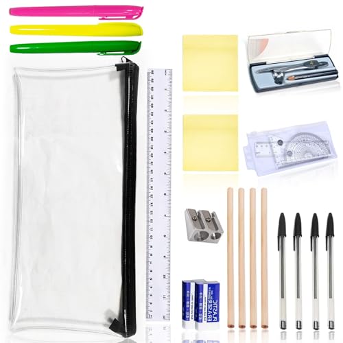 22-teiliges Schreibwaren-Set für die Schule, verschiedene Schreibwaren-Sets mit 4 Graphitstiften, 4 Stiften, 3 Textmarkern, 2 Radiergummis und Spitzer, Kompass, Federmäppchen, 2 Haftnotizen, 22-teiliges Schreibwaren-Set für die Schule, verschiedene Schreibwaren-Sets mit 4 Graphitstiften, 4 Stiften, 3 Textmarkern, 2 Radiergummis und Spitzer, Kompass, Federmäppchen, 2 Haftnotizen, von OBYJCA