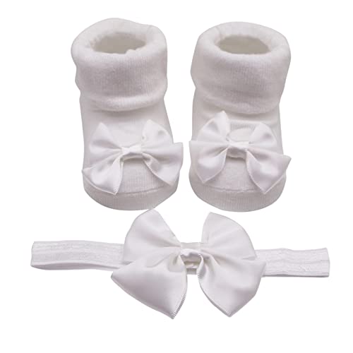 2 Pcs Kindersocken + Stirnband Baby, Mädchen Taufschuhe Anti-Rutsch-Weiche Mädchen Babysocken Krabbelsocken Baby Bodensocken Mädchen Baumwollschuhe Elegant Haussocken Taufsocken von OBiQuzz