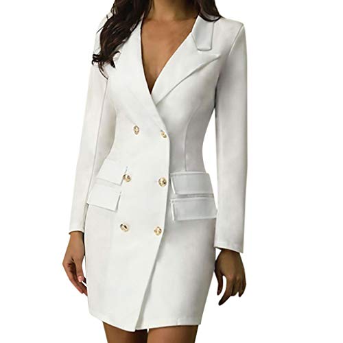 Blazerkleid Damen Elegant Lang Langarm V-Ausschnitt Zweireihig Solide Hemdkleid Business Hülse Büro Slim Fit Knopf Anzug Leicht Business Geschäft Büro Arbeit Outwear Bolero Jacke Blazer S-XXL von OBiQuzz