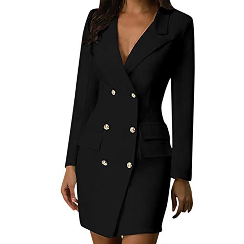 Blazerkleid Damen Elegant Lang Langarm V-Ausschnitt Zweireihig Solide Hemdkleid Business Hülse Büro Slim Fit Knopf Anzug Leicht Business Geschäft Büro Arbeit Outwear Bolero Jacke Blazer S-XXL von OBiQuzz