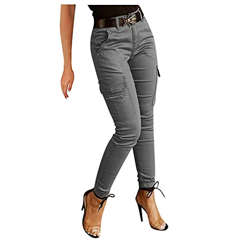 Cargohose Damen High Waist Cargo Pants Skinny Fit Arbeitshose Stretch Cargo Leggings Hose Mit Taschen Skinny Hosen Gummibund Seitentaschen Mädchen Sportleggins Cargo Motorradhose Biker Pants S-Xxl von OBiQuzz