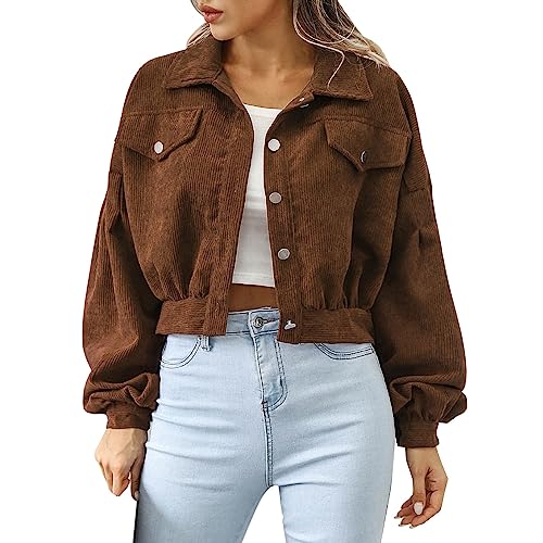 Cordjacke Damen Kurz Bomberjacke Button Down Corduroy Hemdjacke Cordhemd Langarm Trucker Jacke Bikerjacke Leicht Sommerjacke Blusen Übergangsjacke Outdoor Jacken Herbst Freizeitjacke Frühlingsjacke von OBiQuzz