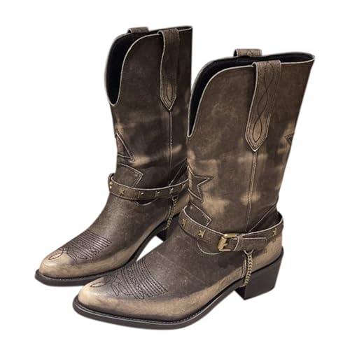 Cowboystiefel Damen Westernstiefel Cowboy Stiefeletten Spitz Lederstiefel Damenstiefel High Heels Chelsea Boots Biker Boots Chunkyrayan Weitschaftstiefel Schlupfstiefel Winterstiefel Arbeitsstiefel von OBiQuzz