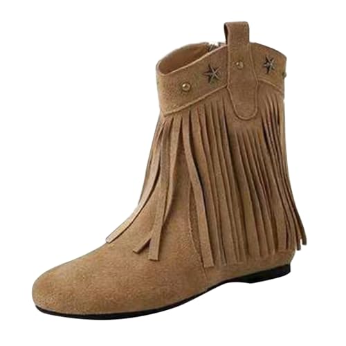 Cowboystiefel Damen Wildleder Stiefeletten Damen Westernstiefel Mit Fransen Damenstiefel Reitstiefel Reißverschluss Schlupfstiefel Kurzschaft Stiefel Herbstschuhe Ankle Boots Herbst Winter Boots1 von OBiQuzz
