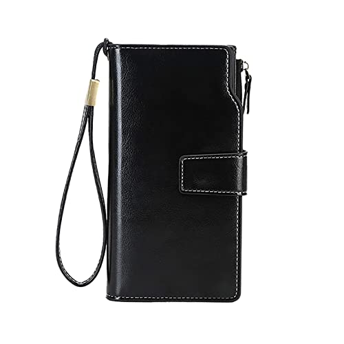 Damen-Außenhandel RFID-Bürste, langes Ölwachsleder, Vintage-Geldbörse, europäische und amerikanische Handtasche mit großer Kapazität Brieftasche Damen (Black, One Size) von OBiQuzz