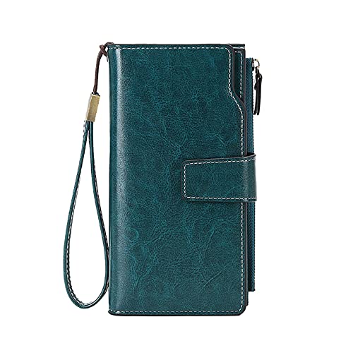 Damen-Außenhandel RFID-Bürste, langes Ölwachsleder, Vintage-Geldbörse, europäische und amerikanische Handtasche mit großer Kapazität Brieftasche Damen (Blue, One Size) von OBiQuzz