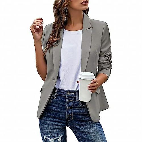 Damen Blazer Sportlich Elegant Revers Kurz Blazerjacke Fraun Business Büro Jacke Mit Knöpfen Casual Mode Herbst Jacke Kurzjacke Grau Blazer Mantel Freizeitjacke Strickjacke Cardigan Open Front Mantel von OBiQuzz