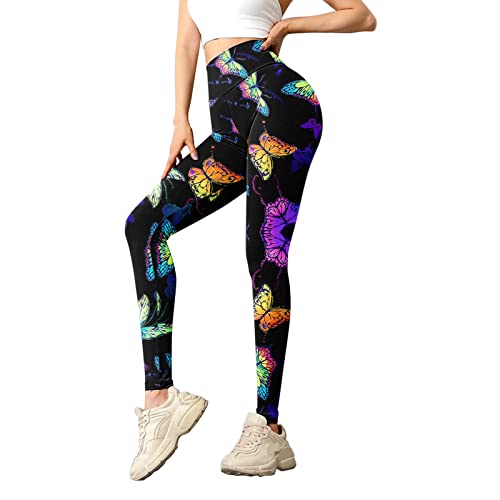 Damen Leggings Lang Bunt High Waist Schmetterlings Druck Yogahose Gym Sport Leggings Tummy Control Stretch Kompressionshose Mit Aufdruck Yogaleggings Sportleggings Training Joggen Fitness Leggins von OBiQuzz