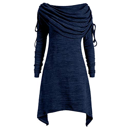 Damen Schal Pullover Herbstkleid Mit Schalkragen Langarm Schal Geraffter Hals UnregelmäßIger One Shoulder Kleid Damen Hals Krawatte Langes Pulloverkleider Tunika Kleid Langarmshirt Freizeitkleider von OBiQuzz
