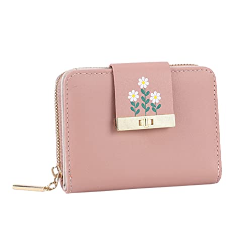 Fashion ID Short Wallet Flowers Print Solid Color Frauen Zipper Purse Mehrere Kartenfächer Clutch Bag Aluminium Brieftasche (Pink, One Size) von OBiQuzz