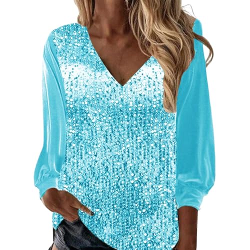 Festliche Blusen Damen Langarm V Ausschnitt Elegante Oberteile Pailletten Langarmshirt Tunika Glitzer Oberteil Party Tops Locker Longshirt Lässige T-Shirt Hemd Bluse Hemdbluse Longbluse Outfit S-3Xl von OBiQuzz