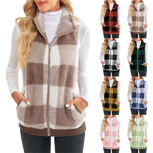 Fleeceweste Damen Ärmellos -Übergangsweste Ohne Kapuze Plüschweste Farbblock Kariert Winterweste Reißverschluss Taschen Herbstweste Revers Kuraweste Mode Lässig Outdoorweste von OBiQuzz