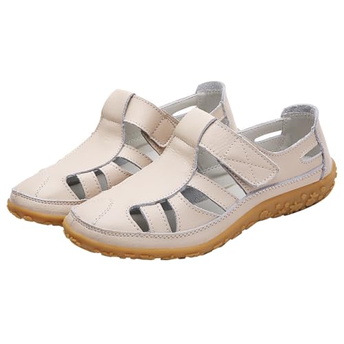 Geschlossene Sandalen Damen - Bequeme Flache Schuhe Leder Sommerschuhe Aushöhlen Outdoorsandalen Römersandalen Mokassins Arbeitsschuhe Freizeit Sandaletten Strandschuhe Gartenschuhe Trekkingsandalen von OBiQuzz