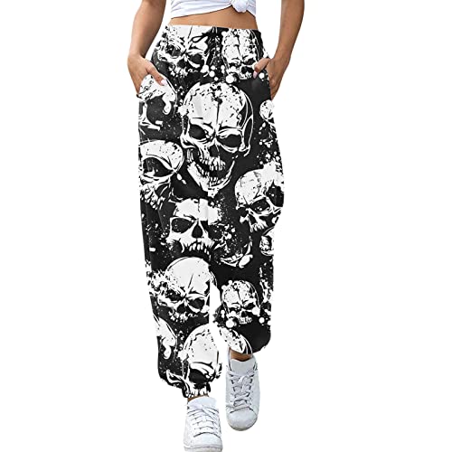 Gothic Hose Damen XXL Halloween Kostüm Skull Motiv Jogginghose Drucken Sporthose Haremshose Bunt Hip Hop Lang Freizeithosen Mit Totenkopf Print High Waist Loose Sweathose Oversize Trainingshose von OBiQuzz