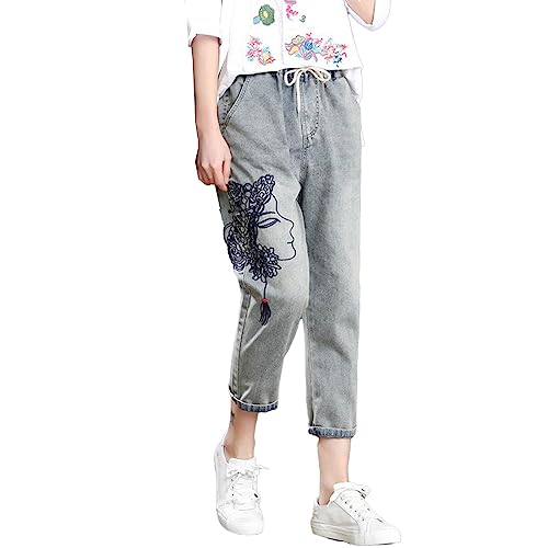 Harem Jeans Damen Retro 7/8 Jeans Mit Blumen Haremshose Elastische Taille Kordelug Freizeithose Boyfriend Jeans Capri Jeans Tapered Hosen Jeanshosen Jeanshose Casual Loose Jogginghose von OBiQuzz