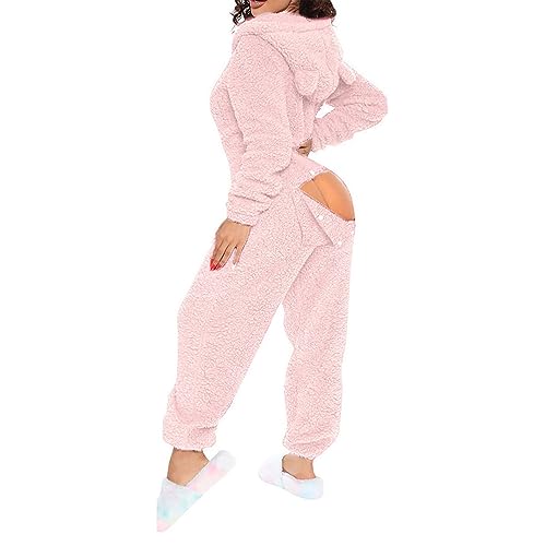 Hausanzug Damen Kuschelig - Schlafanzug Warm Fleece Pyjama Plüsch Nachtwäsche Flauschig Jumpsuit Mit Öhrchen Kapuze Tiere Einteiler Winter Overalls Onesie Lang Schlafoverall Erwachsene Ganzkörperanzug von OBiQuzz