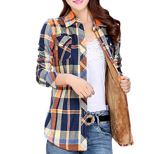 Hemdjacke Damen Flanell Hemd Fleece Gefüttert Holzfällerjacke Langarm Flanellhemden Knopfleiste Hemdbluse Karo Hemden Lässiges Kariert Bluse Jacke Mantel Große Größen Übergangsjacke Freizeithemd M-5Xl von OBiQuzz