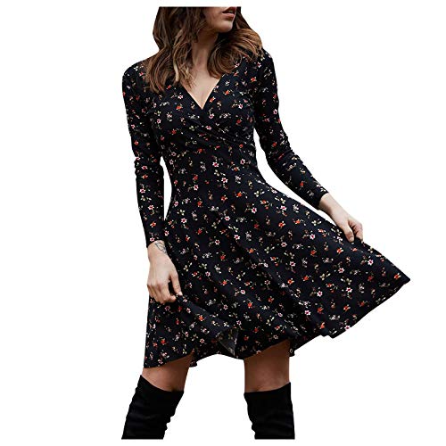 Herbst Kleider Damen Knielang V-Ausschnitt Langarm Freizeitkleider Mit Blumen Muster Elegant Retro Rüsche Kleider Minikleid Hohe Taille Blumenkleid Partykleid A Linien Tunika Dress Midi Kleid S-XL von OBiQuzz